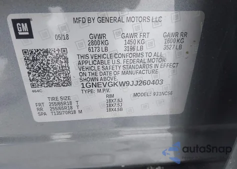 2018 Chevrolet Traverse 1Lt z USA, uszkodzony, nr VIN 1GNEVGKW9JJ260403